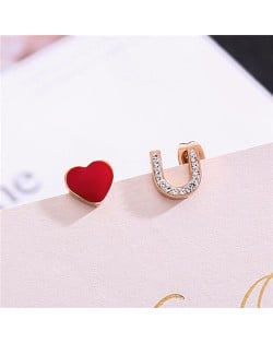 Heart and Love Theme Rhinestone Embellished Asymmetric Design Stainless Steel Stud Earrings