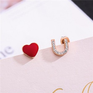 Heart and Love Theme Rhinestone Embellished Asymmetric Design Stainless Steel Stud Earrings