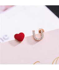 Heart and Love Theme Rhinestone Embellished Asymmetric Design Stainless Steel Stud Earrings
