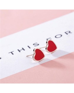 Korean Fashion Sweet Heart Design Stainless Steel Stud Earrings - Red
