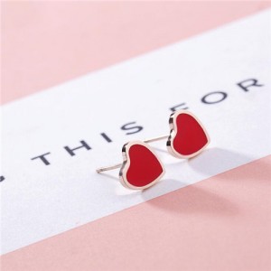 Korean Fashion Sweet Heart Design Stainless Steel Stud Earrings - Red