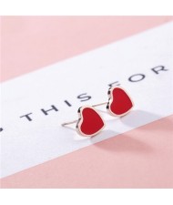 Korean Fashion Sweet Heart Design Stainless Steel Stud Earrings - Red