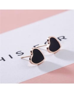 Korean Fashion Sweet Heart Design Stainless Steel Stud Earrings - Black