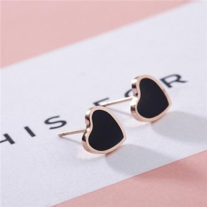 Korean Fashion Sweet Heart Design Stainless Steel Stud Earrings - Black