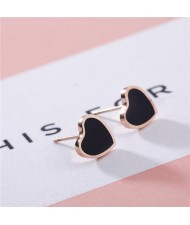 Korean Fashion Sweet Heart Design Stainless Steel Stud Earrings - Black