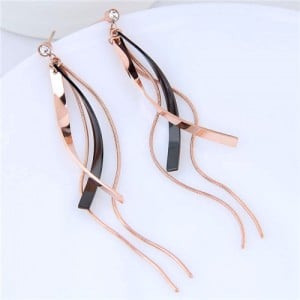 Rhinestone Embellished Spiral Long Tassel Design Stainless Steel Stud Earrings