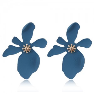 Painted Flower Bold High Fashion Costume Earrings - Ink Blue