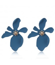 Painted Flower Bold High Fashion Costume Earrings - Ink Blue