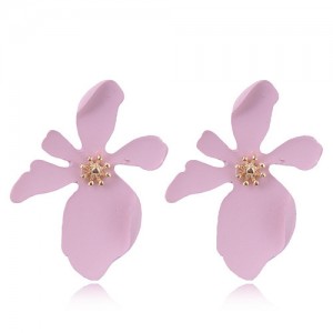 Painted Flower Bold High Fashion Costume Earrings - Pink