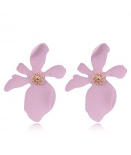 Painted Flower Bold High Fashion Costume Earrings - Pink