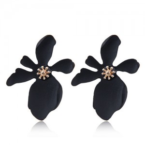 Painted Flower Bold High Fashion Costume Earrings - Black