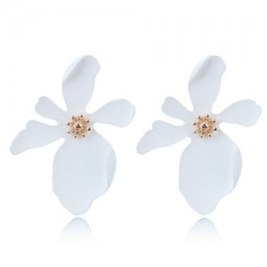 Painted Flower Bold High Fashion Costume Earrings - White
