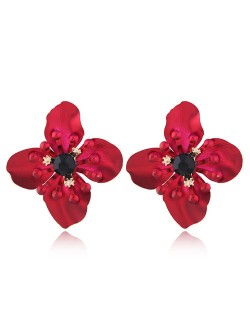 Shining Three-dimensional Big Flower High Fashion Women Statement Earrings - Red
