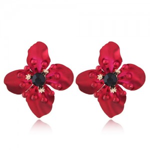 Shining Three-dimensional Big Flower High Fashion Women Statement Earrings - Red