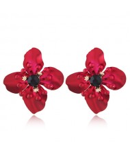 Shining Three-dimensional Big Flower High Fashion Women Statement Earrings - Red