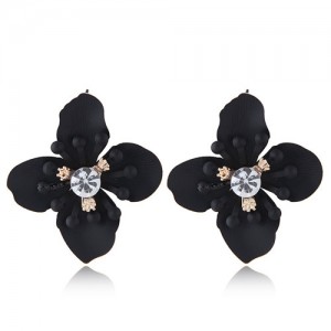 Shining Three-dimensional Big Flower High Fashion Women Statement Earrings - Black