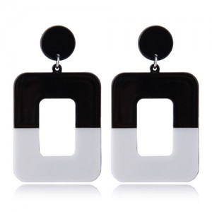 Contrast Colors Dangling Square High Fashion Women Statement Earrings - Black and White