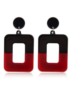 Contrast Colors Dangling Square High Fashion Women Statement Earrings - Black and Red