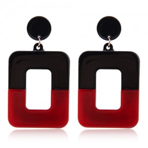 Contrast Colors Dangling Square High Fashion Women Statement Earrings - Black and Red