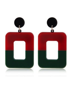 Contrast Colors Dangling Square High Fashion Women Statement Earrings - Red and Green