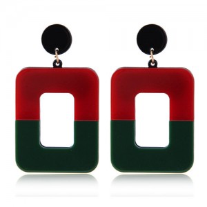 Contrast Colors Dangling Square High Fashion Women Statement Earrings - Red and Green