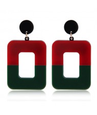 Contrast Colors Dangling Square High Fashion Women Statement Earrings - Red and Green