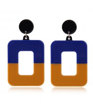 Contrast Colors Dangling Square High Fashion Women Statement Earrings - Blue and Brown
