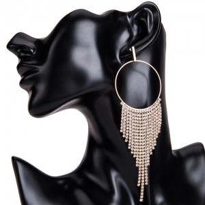 Shining Rhinestone Tassel Hoop Fashion Women Statement Earrings - Golden
