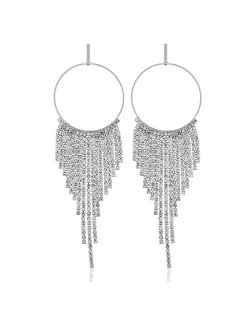 Shining Rhinestone Tassel Hoop Fashion Women Statement Earrings - Silver