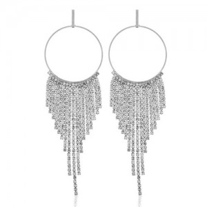 Shining Rhinestone Tassel Hoop Fashion Women Statement Earrings - Silver