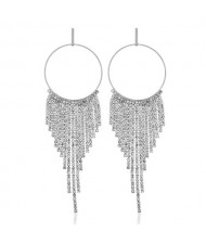 Shining Rhinestone Tassel Hoop Fashion Women Statement Earrings - Silver