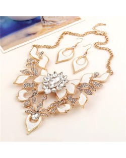 Gem Inlaid Hollow Flower 3D High Fashion Costume Necklace and Earrings Set - Golden and White