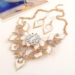 Gem Inlaid Hollow Flower 3D High Fashion Costume Necklace and Earrings Set - Golden and White