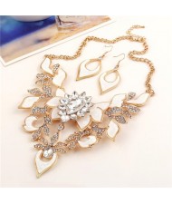 Gem Inlaid Hollow Flower 3D High Fashion Costume Necklace and Earrings Set - Golden and White