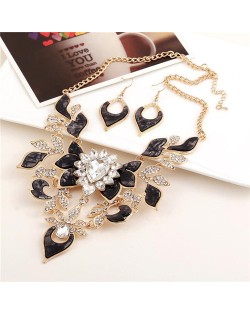 Gem Inlaid Hollow Flower 3D High Fashion Costume Necklace and Earrings Set - Golden and Black