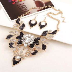 Gem Inlaid Hollow Flower 3D High Fashion Costume Necklace and Earrings Set - Golden and Black