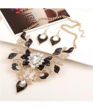 Gem Inlaid Hollow Flower 3D High Fashion Costume Necklace and Earrings Set - Golden and Black