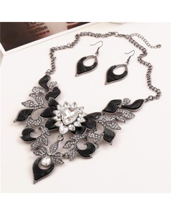 Gem Inlaid Hollow Flower 3D High Fashion Costume Necklace and Earrings Set - Black