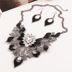 Gem Inlaid Hollow Flower 3D High Fashion Costume Necklace and Earrings Set - Black