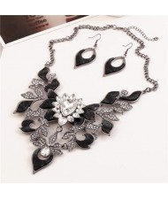 Gem Inlaid Hollow Flower 3D High Fashion Costume Necklace and Earrings Set - Black