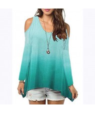 Bare Shoulder Loose Style Long Sleeve Women Top - Green