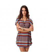 Contrast Colors Strips Design High Fashion Short Sleeves Women Top
