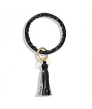 Fashion Long Tassel Pendant Leather Bangle - Black