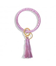 Fashion Long Tassel Pendant Leather Bangle - Pink