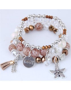 Starfish and Round Love Plate Pendants Multi-layer Beads Fashion Bracelet - Brown