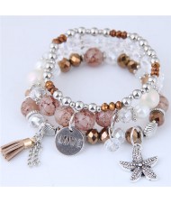 Starfish and Round Love Plate Pendants Multi-layer Beads Fashion Bracelet - Brown