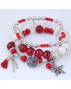 Starfish and Round Love Plate Pendants Multi-layer Beads Fashion Bracelet - Red