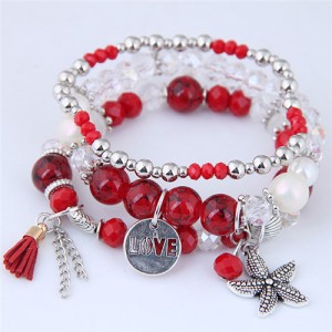 Starfish and Round Love Plate Pendants Multi-layer Beads Fashion Bracelet - Red