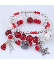 Starfish and Round Love Plate Pendants Multi-layer Beads Fashion Bracelet - Red