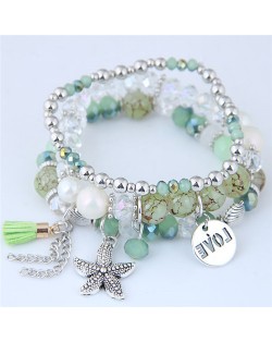 Starfish and Round Love Plate Pendants Multi-layer Beads Fashion Bracelet - Green